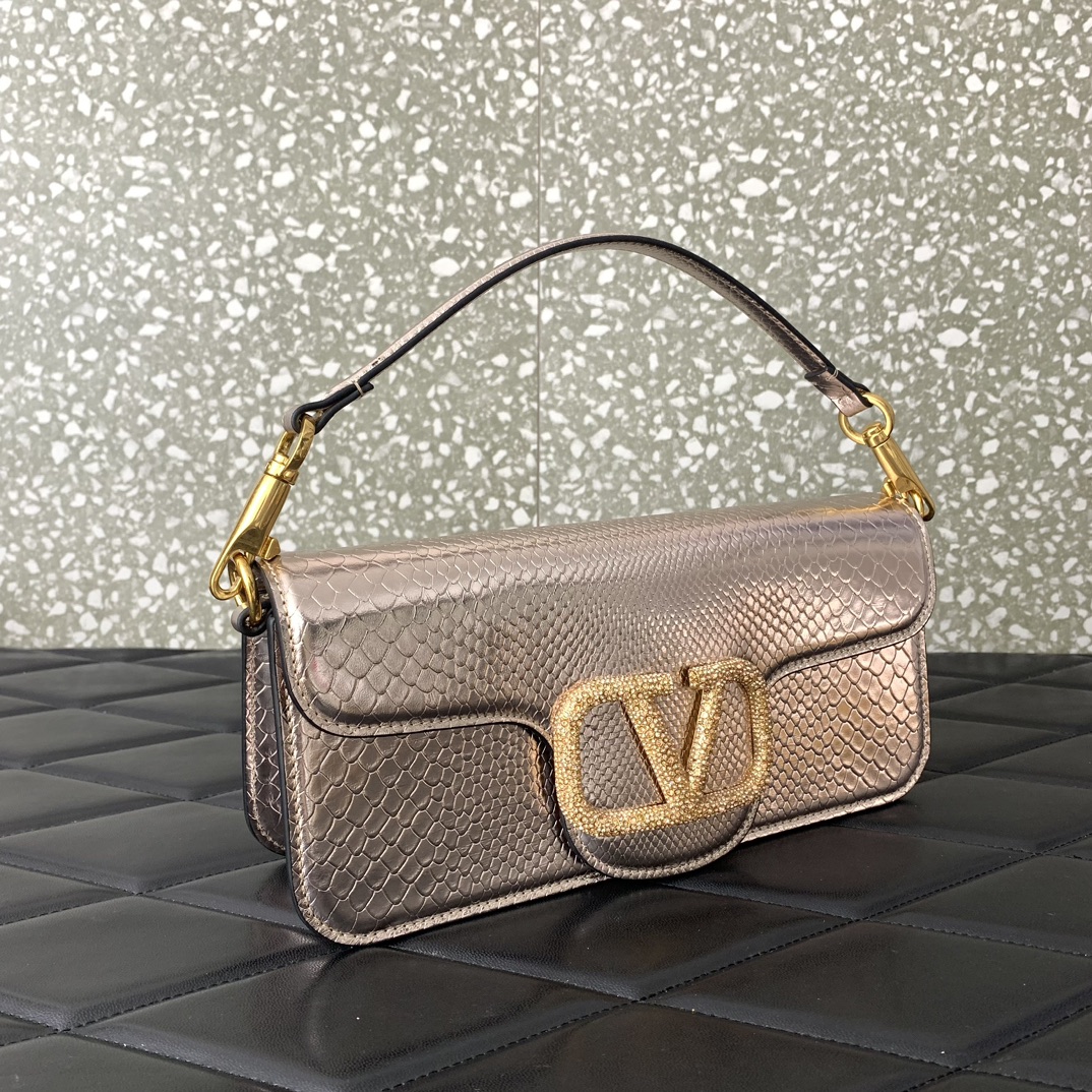 Valentino Garavani Loco Shoulder Bag in Gold Snake Grain Calfskin Leather